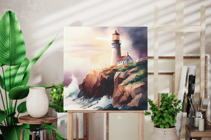 lighthouse on a hill overlooking the ocean canvas in a studio, lighthouse canvas decoration in a nautical theme room, lighthouse on the rocks with crashing waves canvas art print on an easel