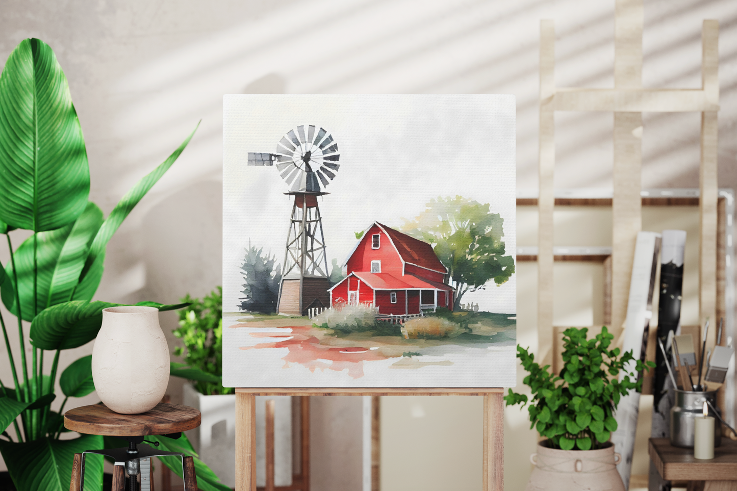 red barn with a windmill on a canvas sitting on an easel, farmhouse canvas art in a studio, red barn artwork decorating a wall in your home decor