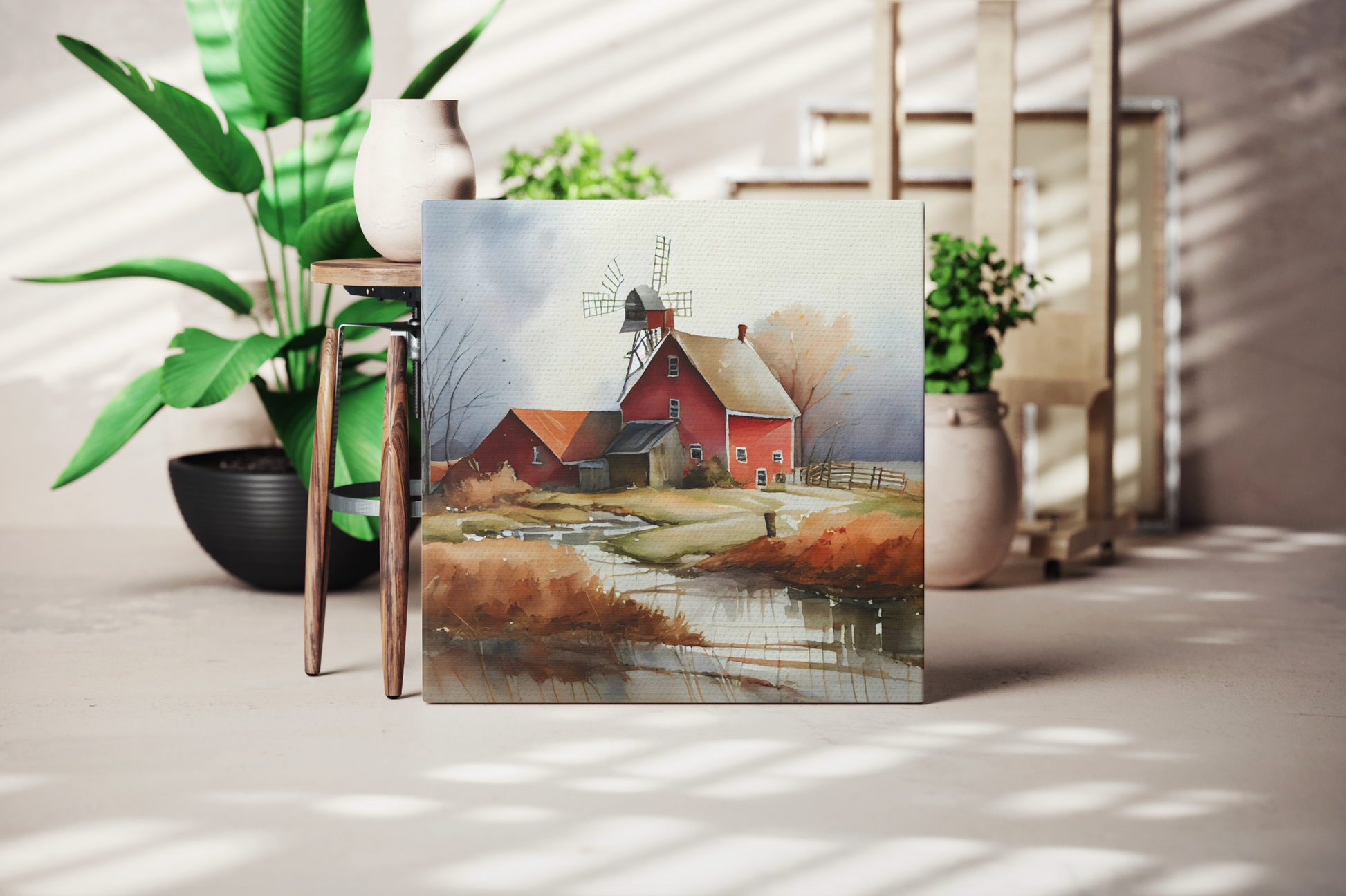 farmhouse home decor canvas art in a studio, red barn canvas artwork in a living room decorating a wall, farm theme canvas print displayed in barn decor home