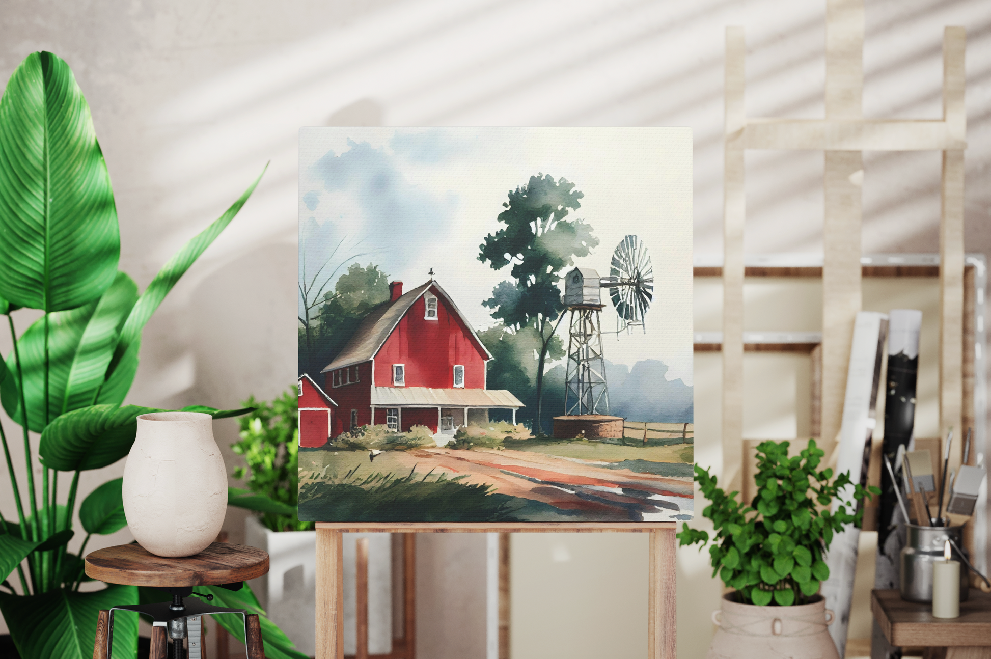 watercolor barn canvas artwork on a wall, red barn canvas art print on a living room wall, barn with a windmill canvas farmhouse theme displayed in your farm home decor wall