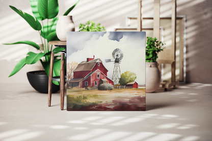 farmhouse theme canvas room decoration, red barn canvas art displayed in a studio, farm artwork on a canvas in a living room 