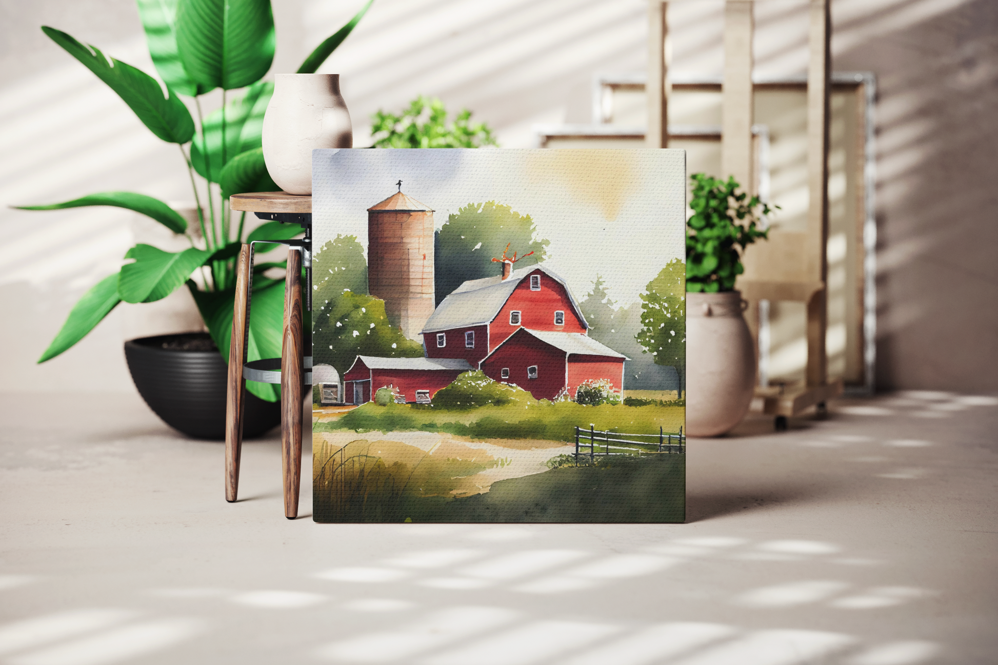 watercolor barn painting on canvas in a studio, red barn canvas theme hanging on a wall in a living room, farmhouse theme canvas with a red barn and silo on a wall