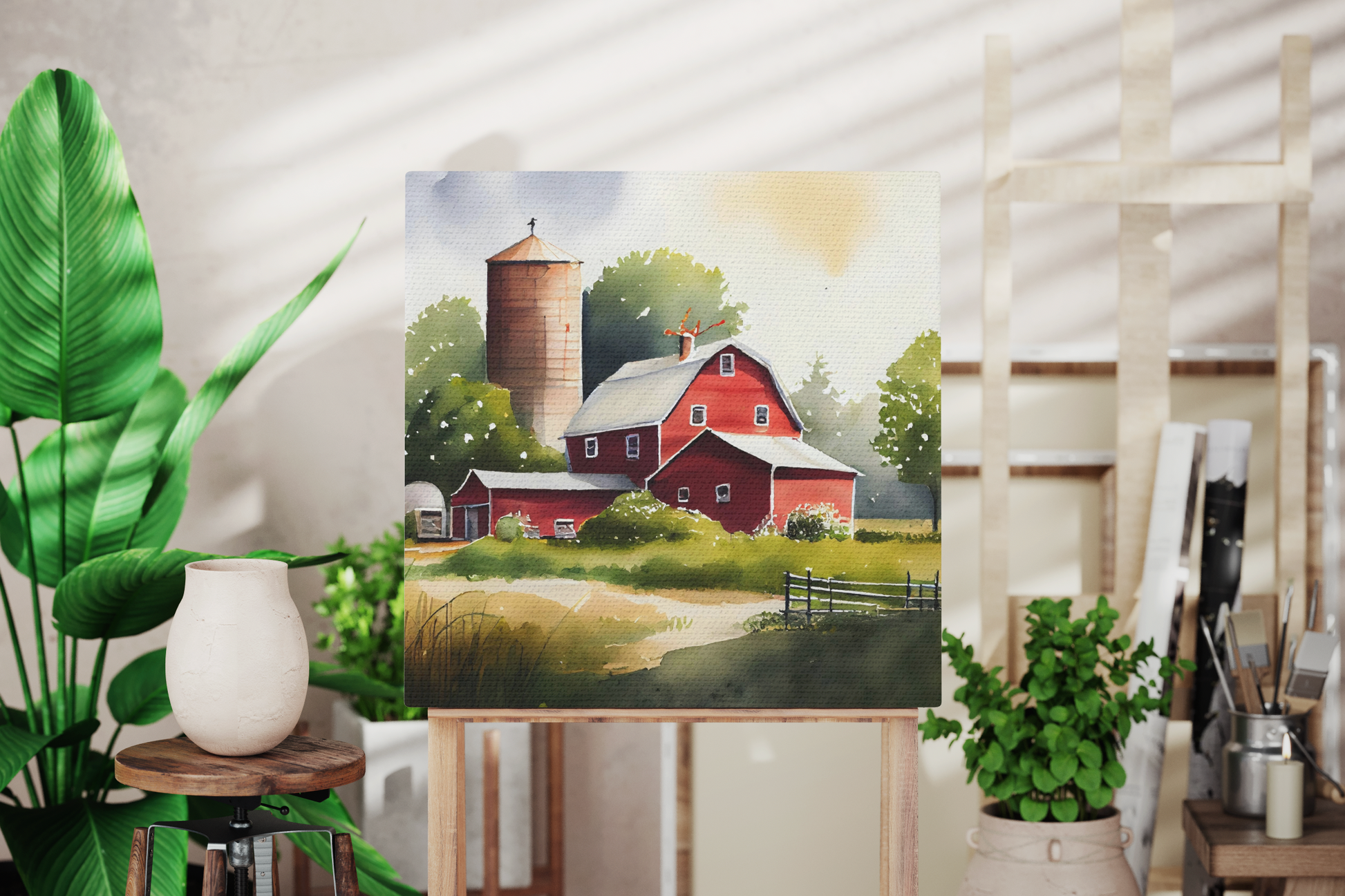 watercolor barn painting on canvas in a studio, red barn canvas theme hanging on a wall in a living room, farmhouse theme canvas with a red barn and silo on a wall