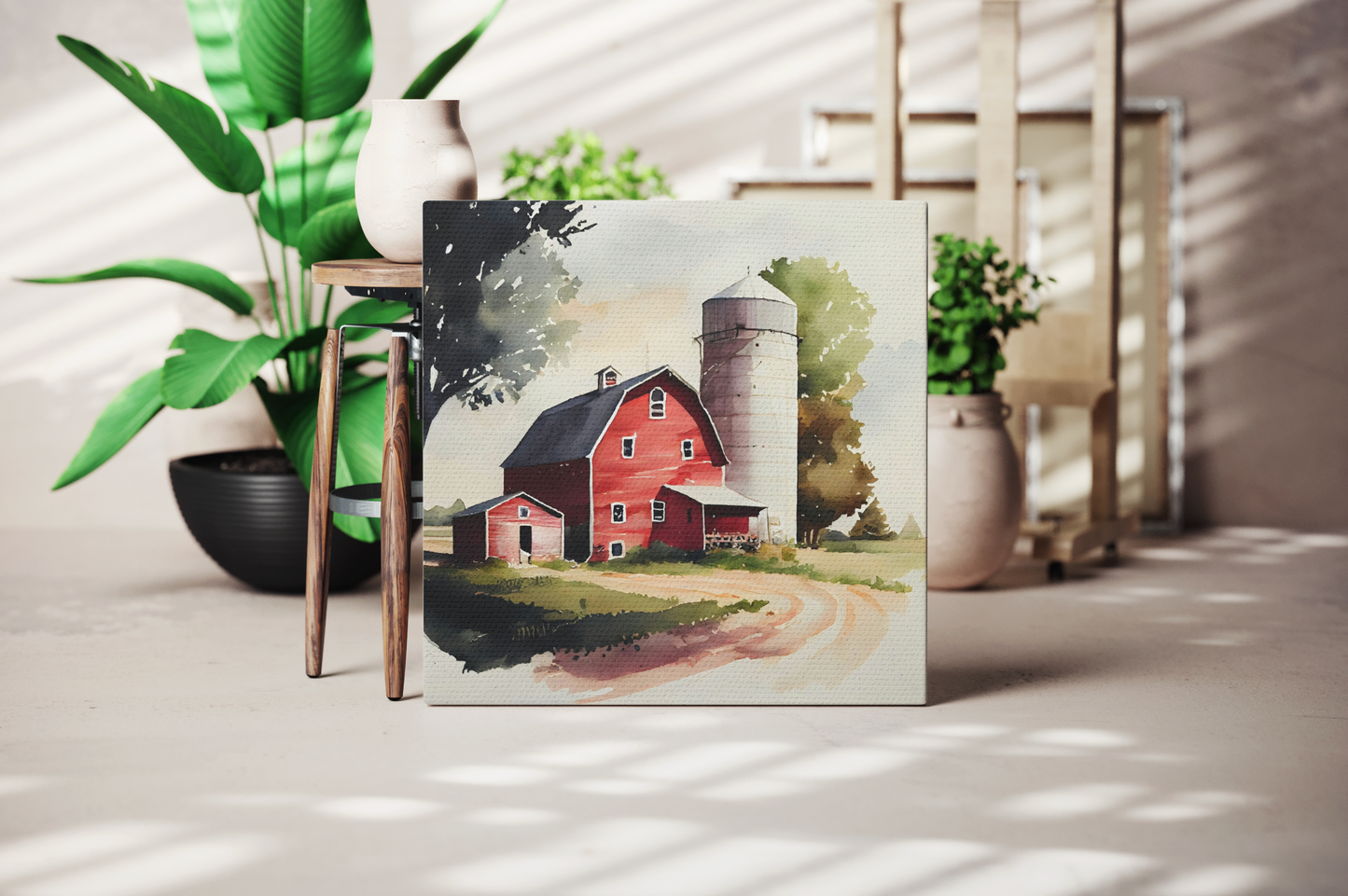 watercolor red barn canvas on an easel, red barn farmhouse theme canvas hanging on a wall in a living room, farmhouse canvas on the wall