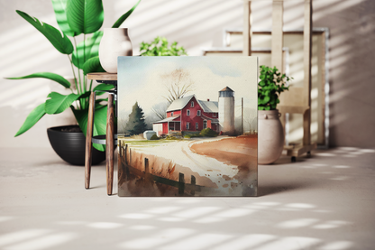 red barn and silo canvas art print on a wall, farmhouse canvas artwork hanging on a wall, red barn and silo canvas art in a studio, farmhouse canvas on a wall