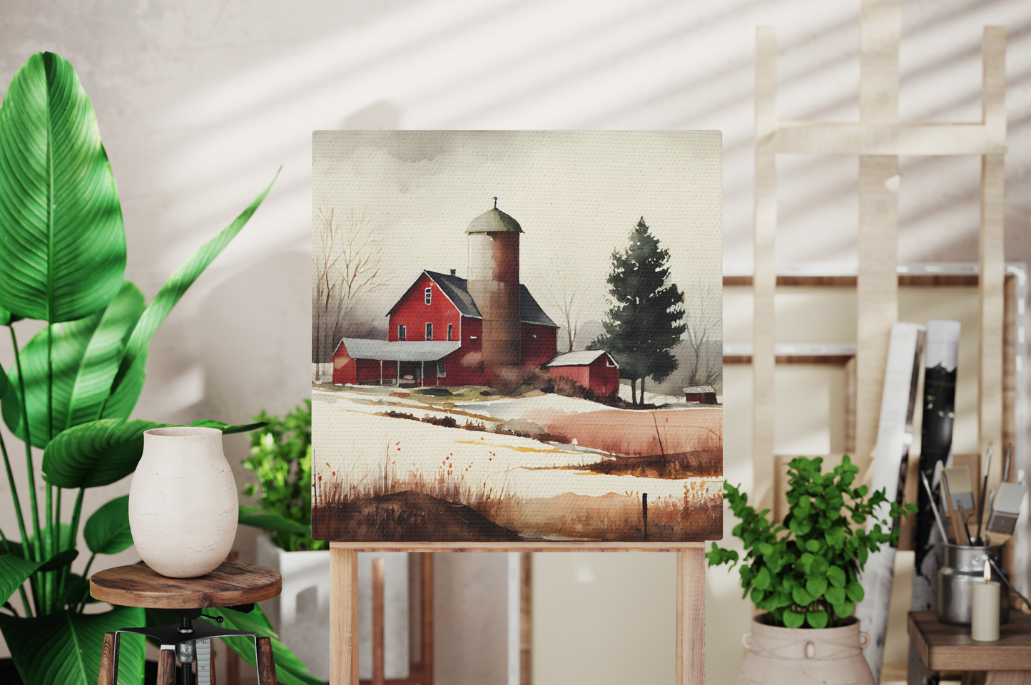 rustic red barn with silo on a canvas, red barn farmhouse canvas hanging on a wall, farmhouse canvas with a red barn