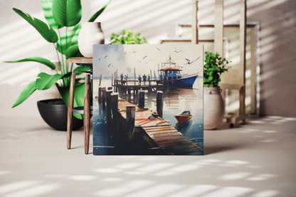 watercolor sailboat canvas in a nautical theme room, ocean inspired yacht canvas with flying seagulls in a coastal inspired room