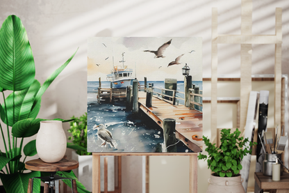 coastal vibe yacht on the water canvas art print, nautical theme seagull design canvas wall decoration on an easel, ocean inspired boat canvas in a room