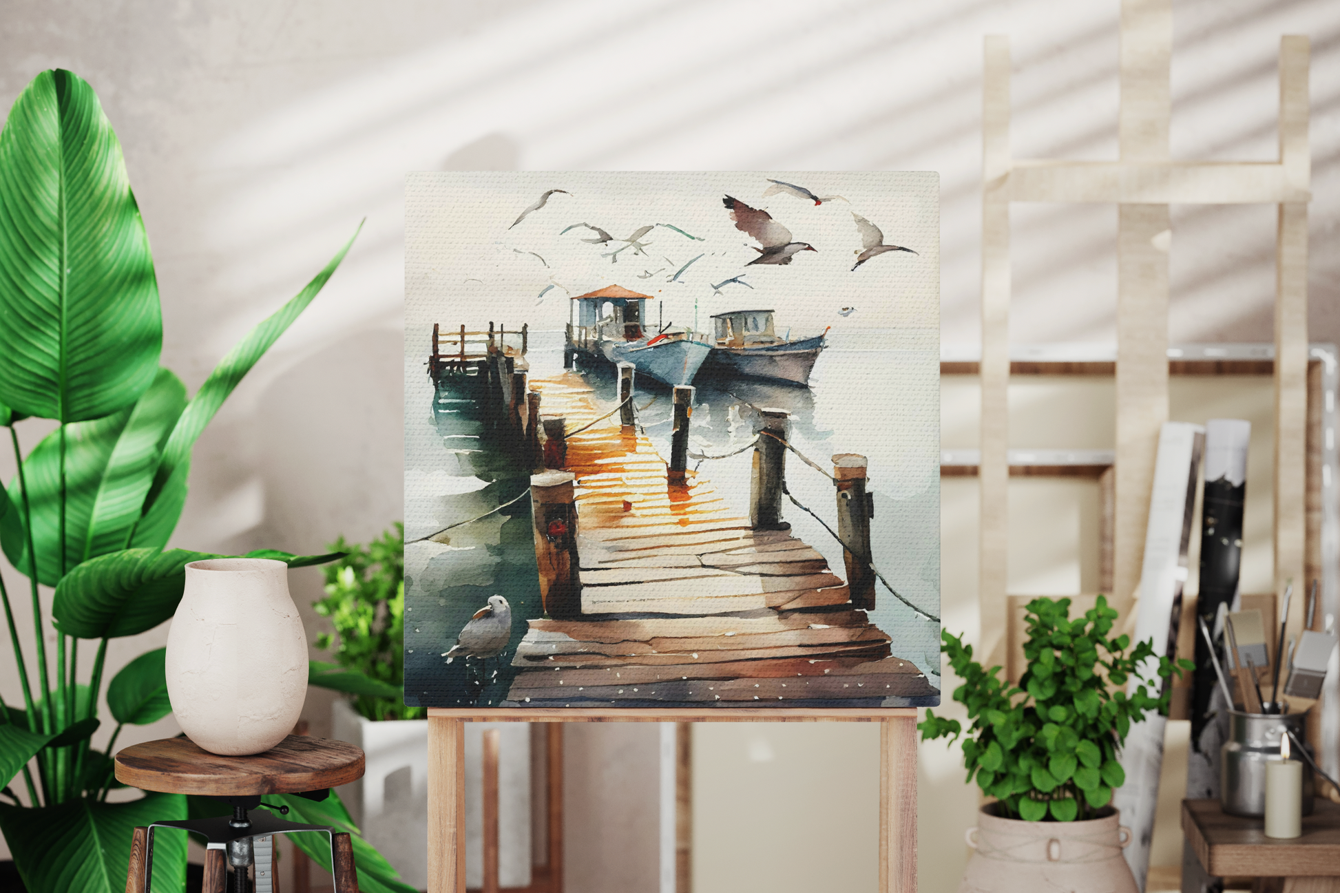 yacht canvas design in an ocean inspired room, nautical boat canvas with seagulls on it hanging on a wall, sailboat canvas in a nautical theme room
