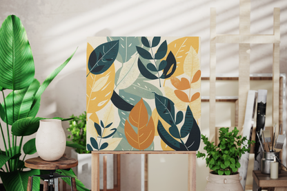 Feather pattern design on a canvas art print, feather motif canvas decorating a living room wall, feather print canvas hanging on a wall in a boho style room, boho feather canvas art print for boho theme room 