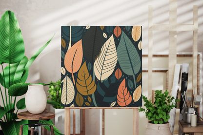 Feather pattern design on a canvas art print, feather motif canvas decorating a living room wall, feather print canvas hanging on a wall in a boho style room, boho feather canvas art print for boho theme room 