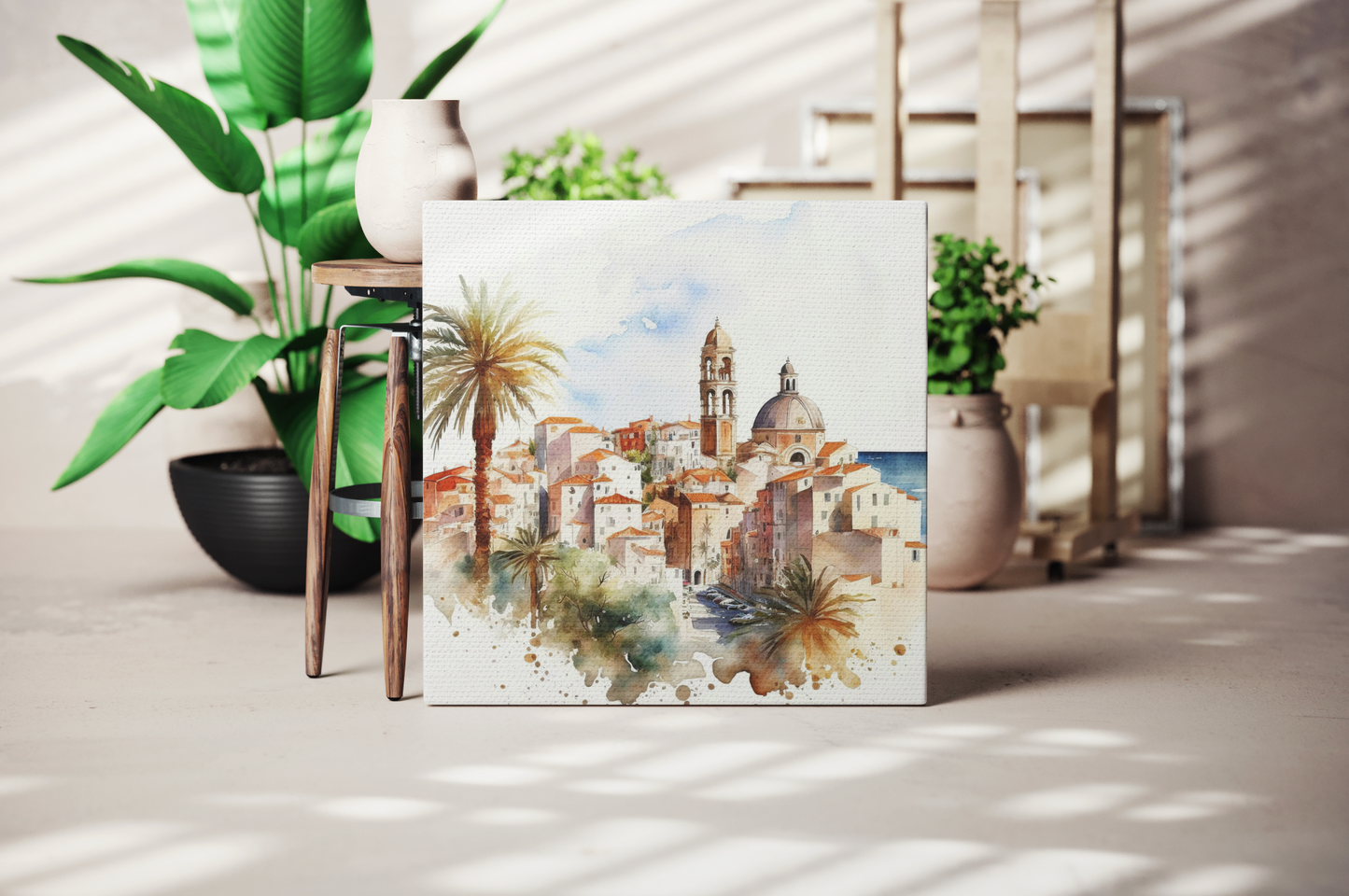 Mediterranean canvas wall art print in a european theme room, coastal theme canvas with mediterranean cityscape hanging on a wall, watercolor mediterranean painting on a canvas in a studio, watercolor Greece city on cavas, painting of Croatia on cavas, hand drawn Turkish city on canvas, Istanbul illustration on canvas 