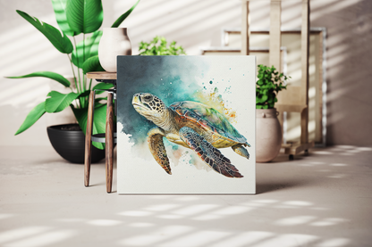 watercolor sea turtle design on canvas in a nautical theme room, sea turtle canvas wall decoration, sea turtle canvas art print hanging in a coastal theme room