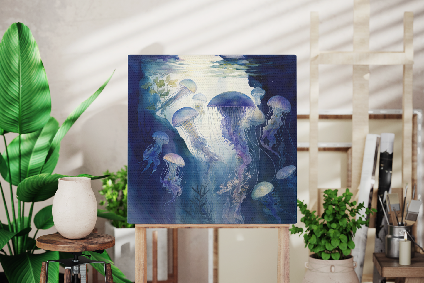jellyfish canvas hanging in a coastal theme room, under the sea jellyfish canvas art design hanging on a nautical theme room wall, ocean jellyfish canvas on an easel, jellyfish wall decor