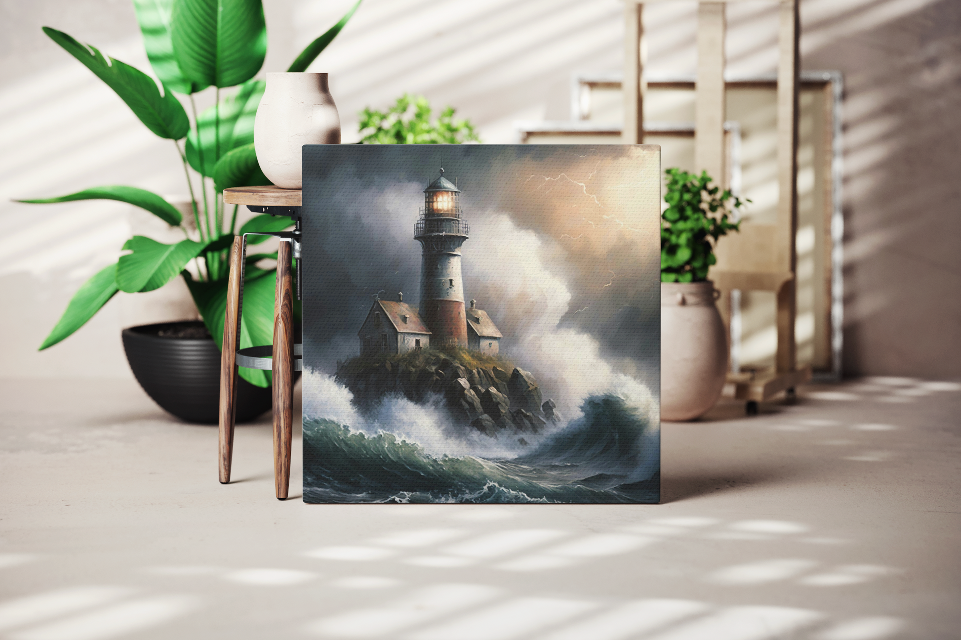 lighthouse watercolor painting hanging on a wall in a nautical theme room, lighthouse on canvas with stormy seas decorating a coastal theme room