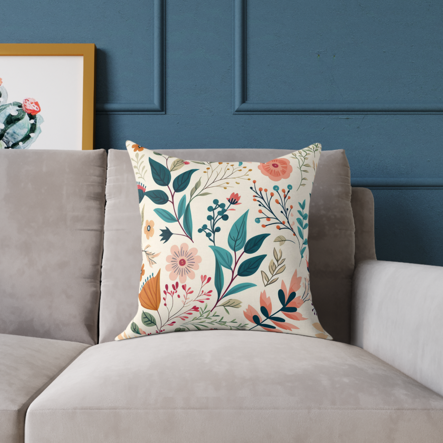 Pink and blue floral accent throw pillow on a couch, pink and blue botanical couch pillow on a chair, pink and blue floral pattern pillow on a lounger, pink and blue spring garden floral decorative pillow on a bed