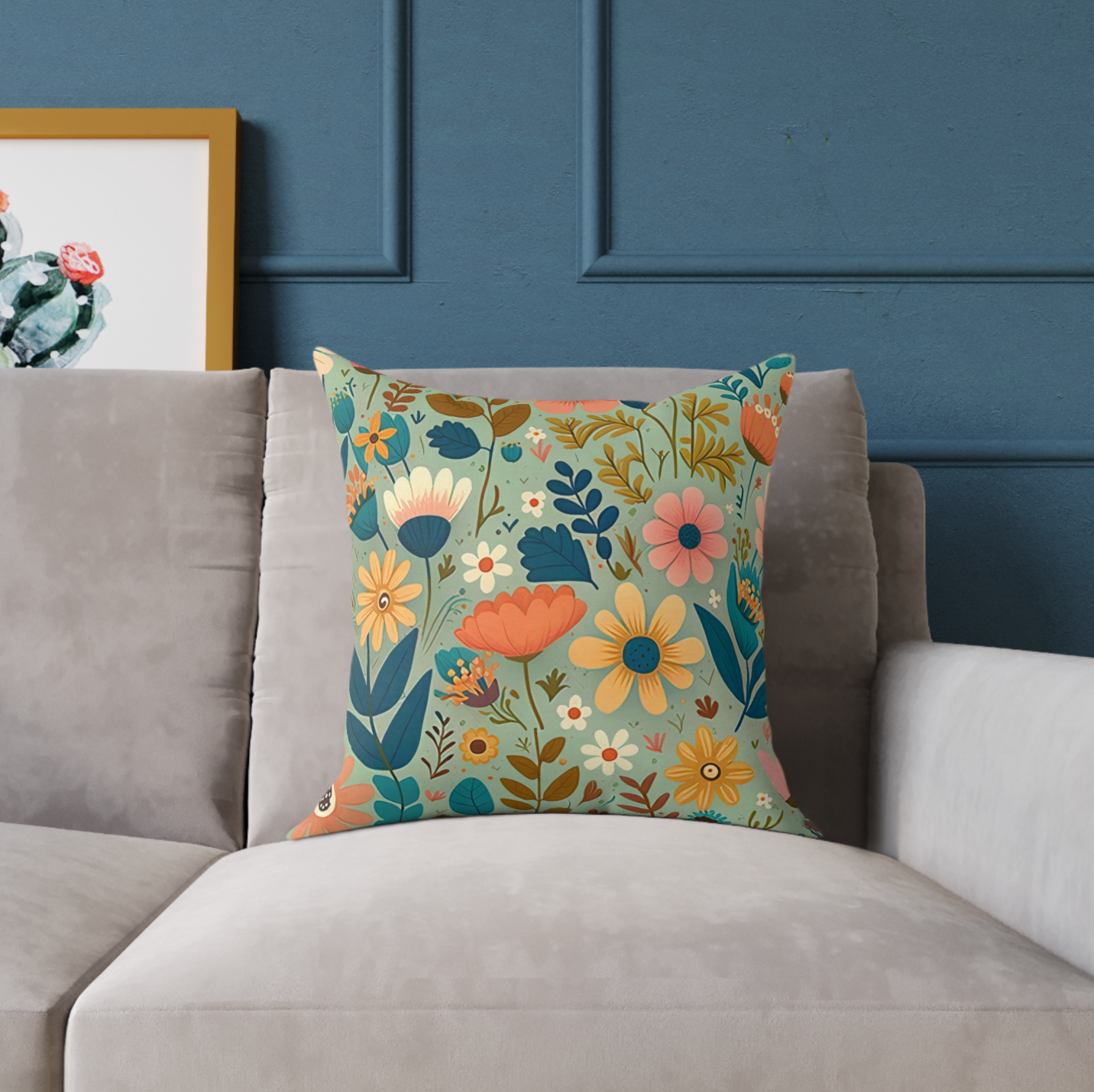 Yellow & Green floral accent throw pillow on a couch, Yellow & Green botanical couch pillow on a chair, Yellow & Green floral pattern pillow on a lounger, Yellow & Green spring garden floral decorative pillow on a bed