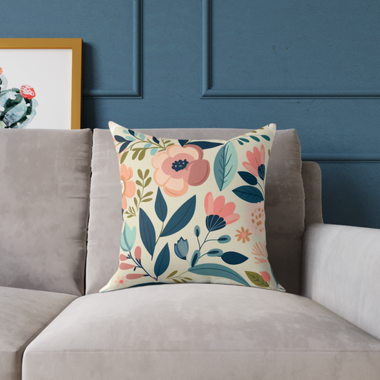 Blue & Pink floral accent throw pillow on a couch, Blue & Pink botanical couch pillow on a chair, Blue & Pink floral pattern pillow on a lounger, Blue & Pink spring garden floral decorative pillow on a bed