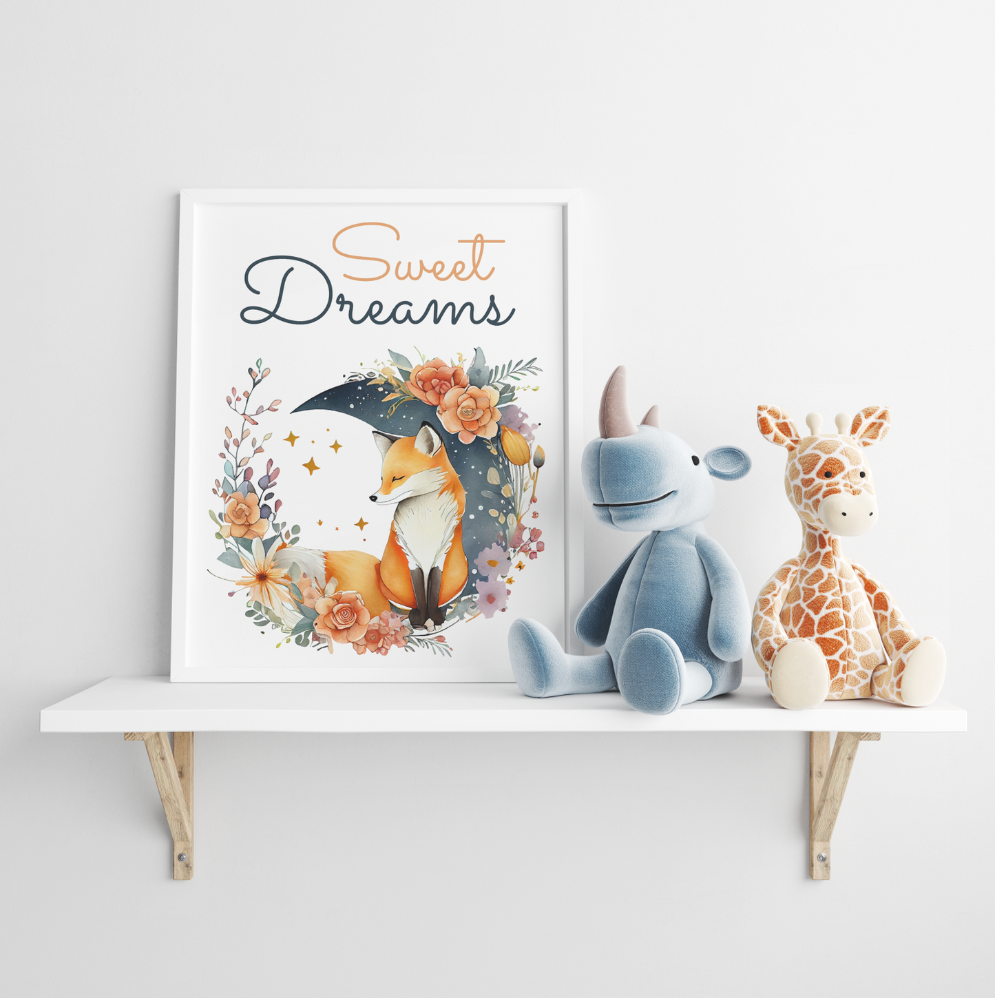 Fox sleeping on moon nursery wall decor, fox nursery poster wall art, sweet dreams nursery quote wall art print