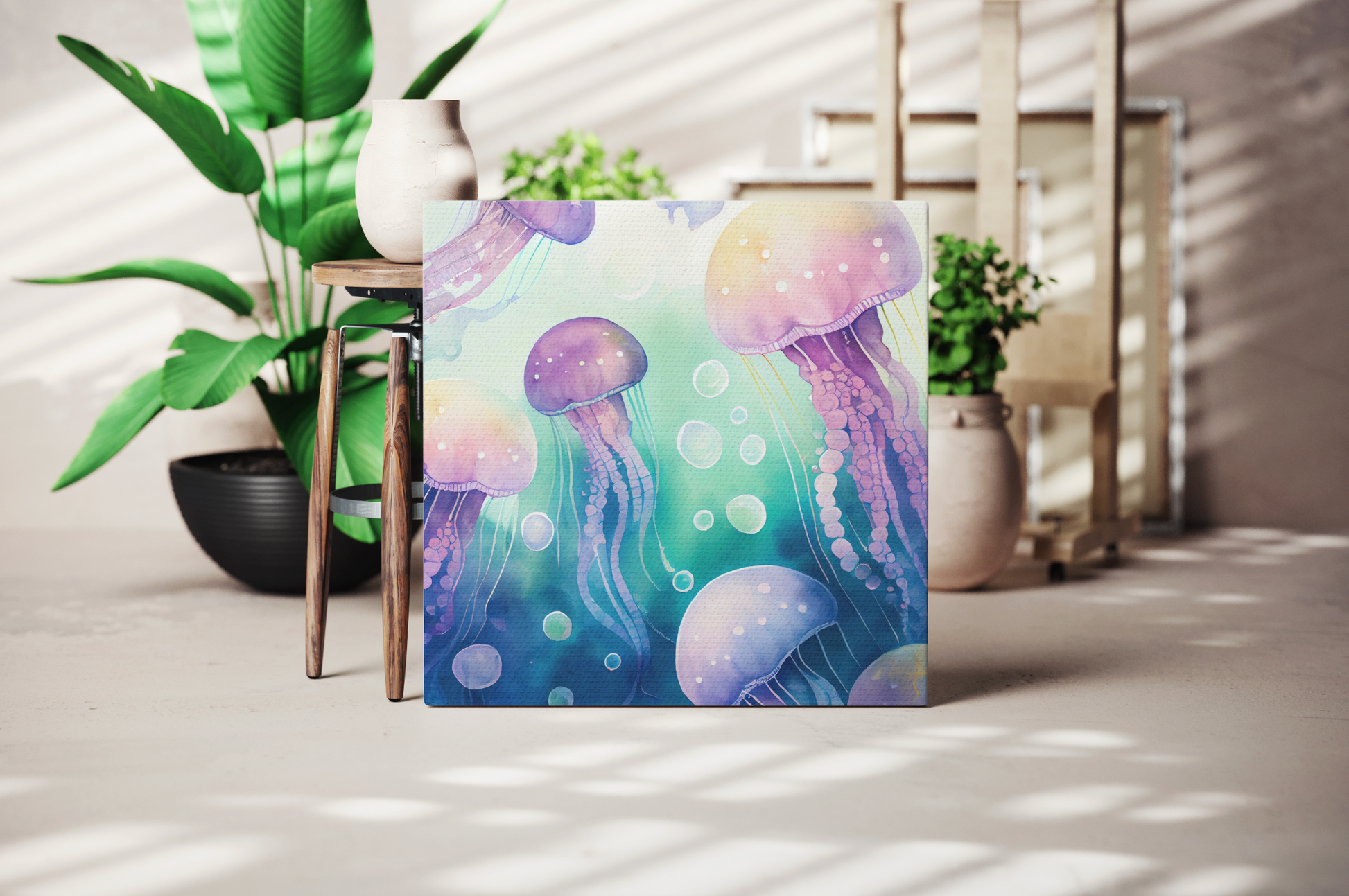 watercolor jellyfish canvas art print, pink jellyfish and blue jellyfish canvas art, ocean jellyfish canvas design
