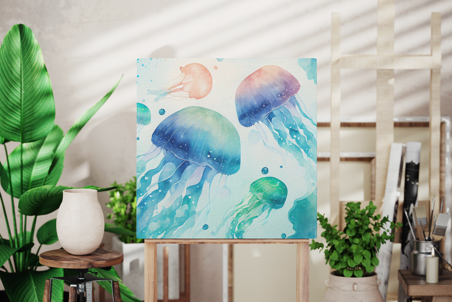 blue jellyfish canvas wall art decor, green jellyfish watercolor canvas wall art, watercolor blue and green jellyfish in the ocean on canvas