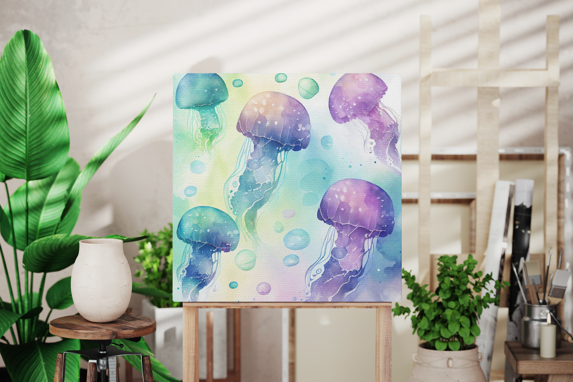 purple and green jellyfish canvas wall art, blue ocean jellyfish canvas with watercolor design, purple watercolor jellyfish art print on canvas 