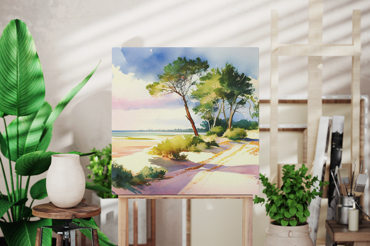 beach canvas art, tropical beach theme canvas in a nautical room, multicolor beach theme canvas, coastal beach canvas with palm trees on it