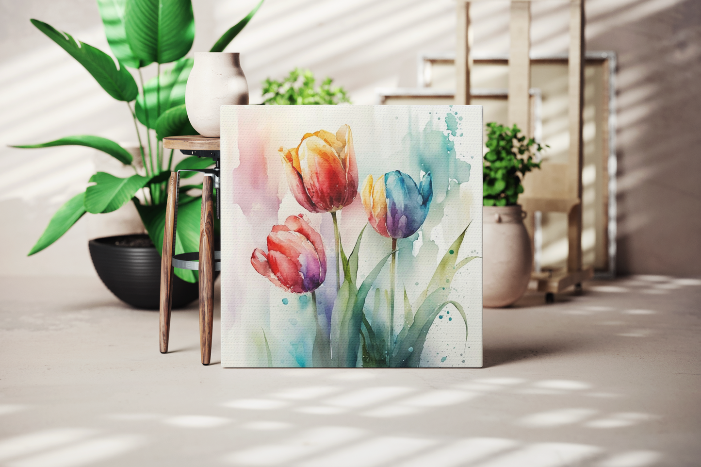 red and blue watercolor tulip wall art, canvas wall decor with red and blue tulip pattern