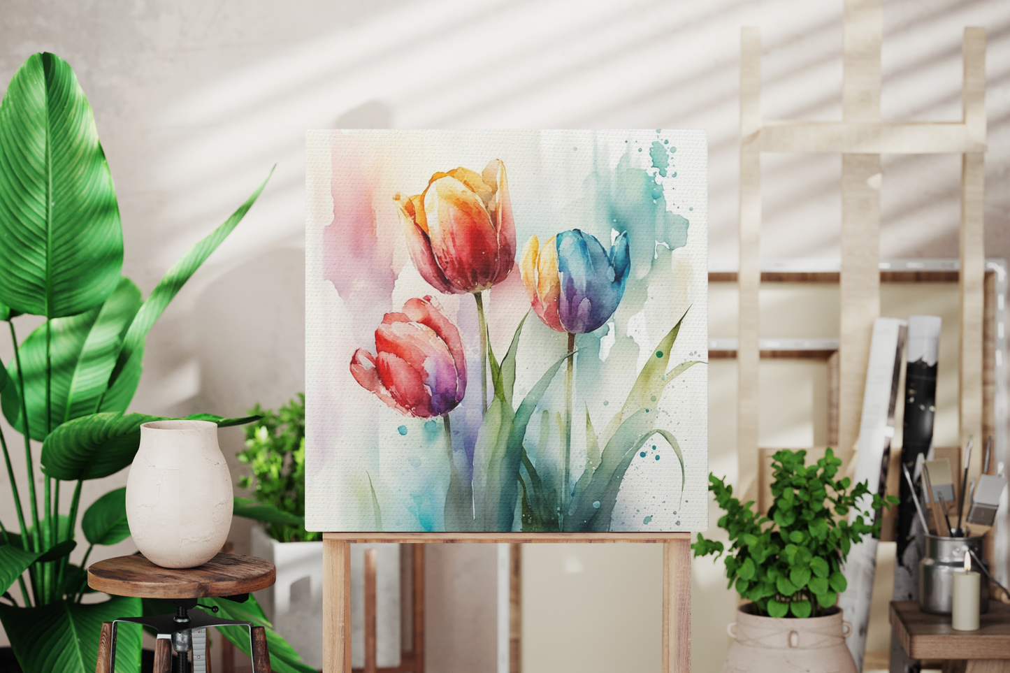 red and blue watercolor tulip wall art, canvas wall decor with red and blue tulip pattern