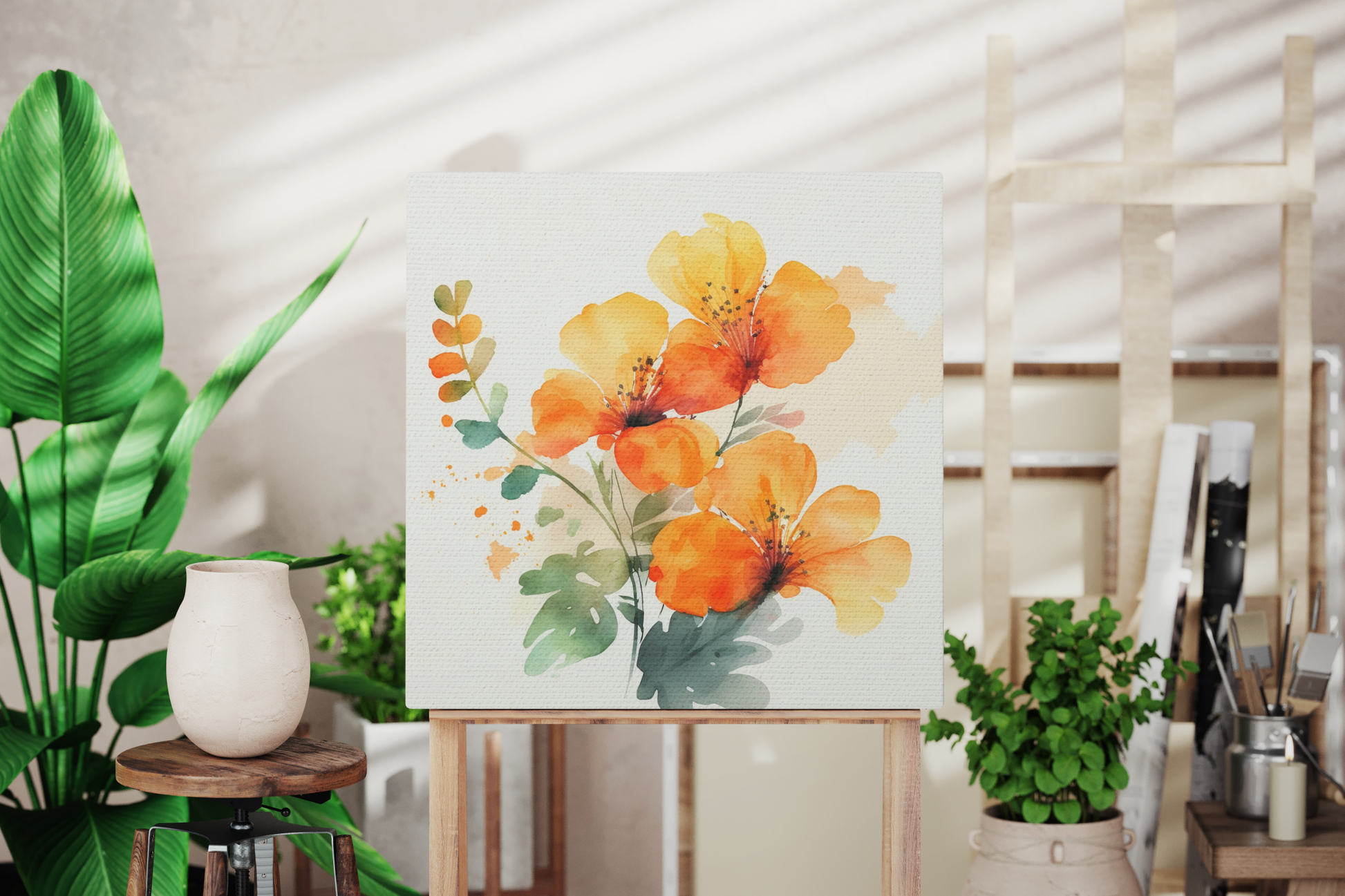 abstract orange floral design on canvas, orange floral canvas for spring decor, orange floral art print on canvas 