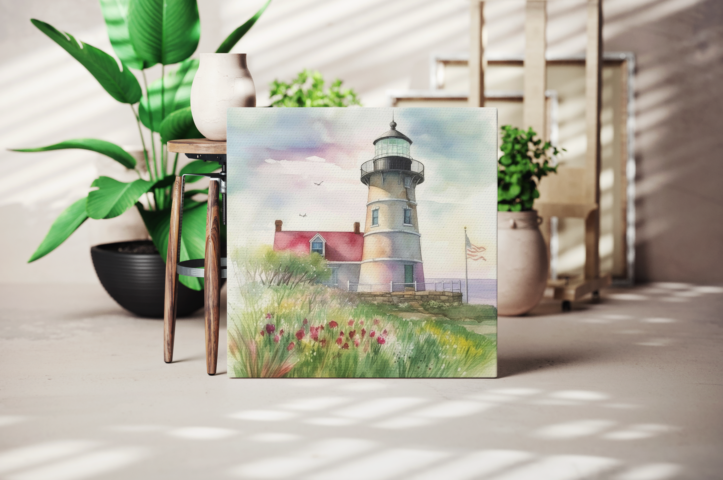 lighthouse canvas, canvas with watercolor sky and flowers, lighthouse canvas wall decor, rainbow lighthouse canvas art