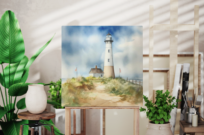 blue skies with lighthouse by the sea canvas art print, lighthouse canvas decoration for nautical theme room, canvas with lighthouse on it