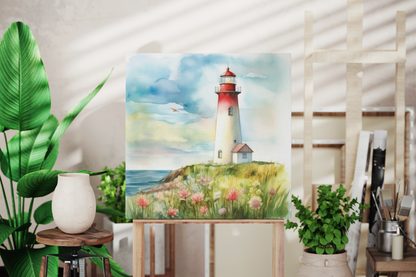 lighthouse by field of flowers art print, lighthouse canvas art, nautical theme lighthouse by the sea