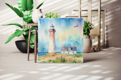 lighthouse with rainbow watercolor design on canvas, canvas with lighthouse by the sea, lighthouse decoration for nautical theme room