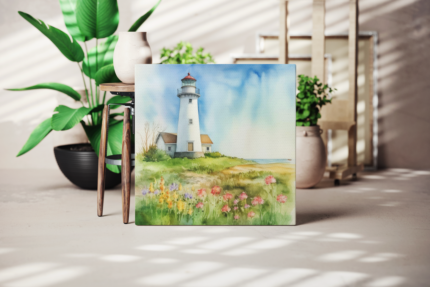 lighthouse by the sea canvas wall art, floral field view of lighthouse wall decor, lighthouse canvas art
