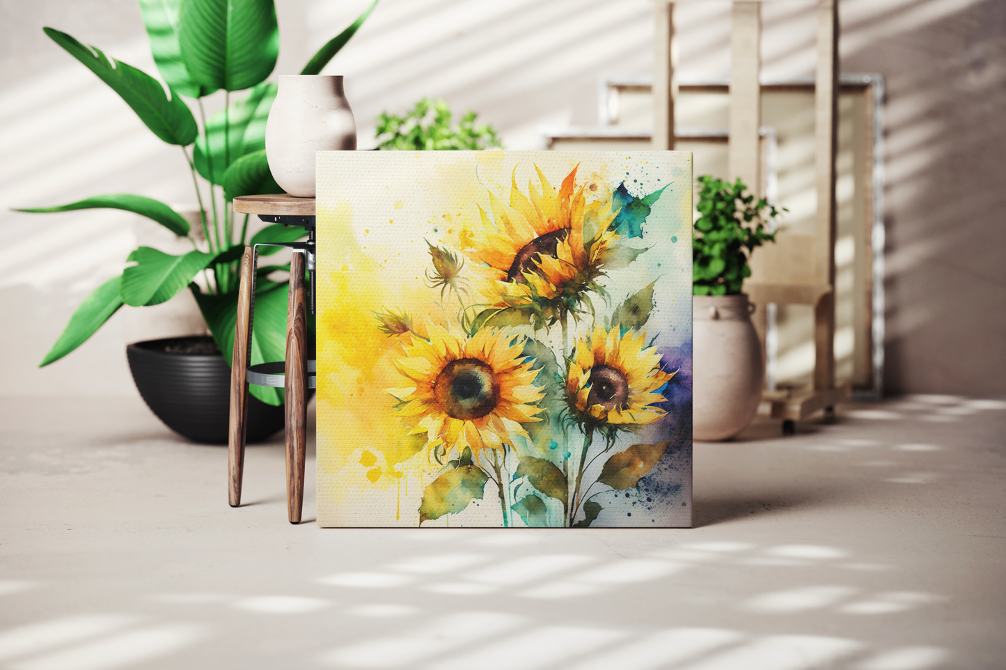 purple and yellow watercolor sunflower canvas, sunflower caverns art print, canvas with watercolor sunflowers on it
