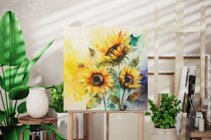 purple and yellow watercolor sunflower canvas, sunflower caverns art print, canvas with watercolor sunflowers on it