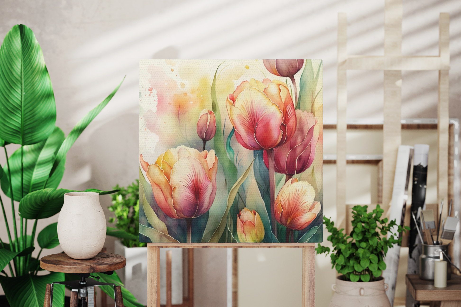 tulips in a garden art print, red and yellow tulip design on canvas, watercolor tulip wall art, tulip decor, floral wall hanging