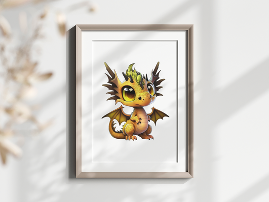 yellow dragon with wings poster, yellow dragon nursery wall art, dragon decor, baby dragon watercolor art