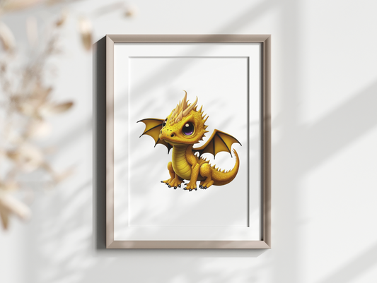 yellow dragon with wings poster, yellow dragon nursery wall art, dragon decor, baby dragon watercolor art