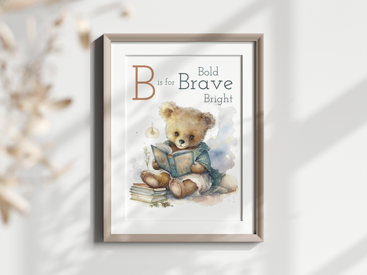 Bear reading book nursery wall decor, bear nursery poster wall art, b is for brave nursery quote wall art print