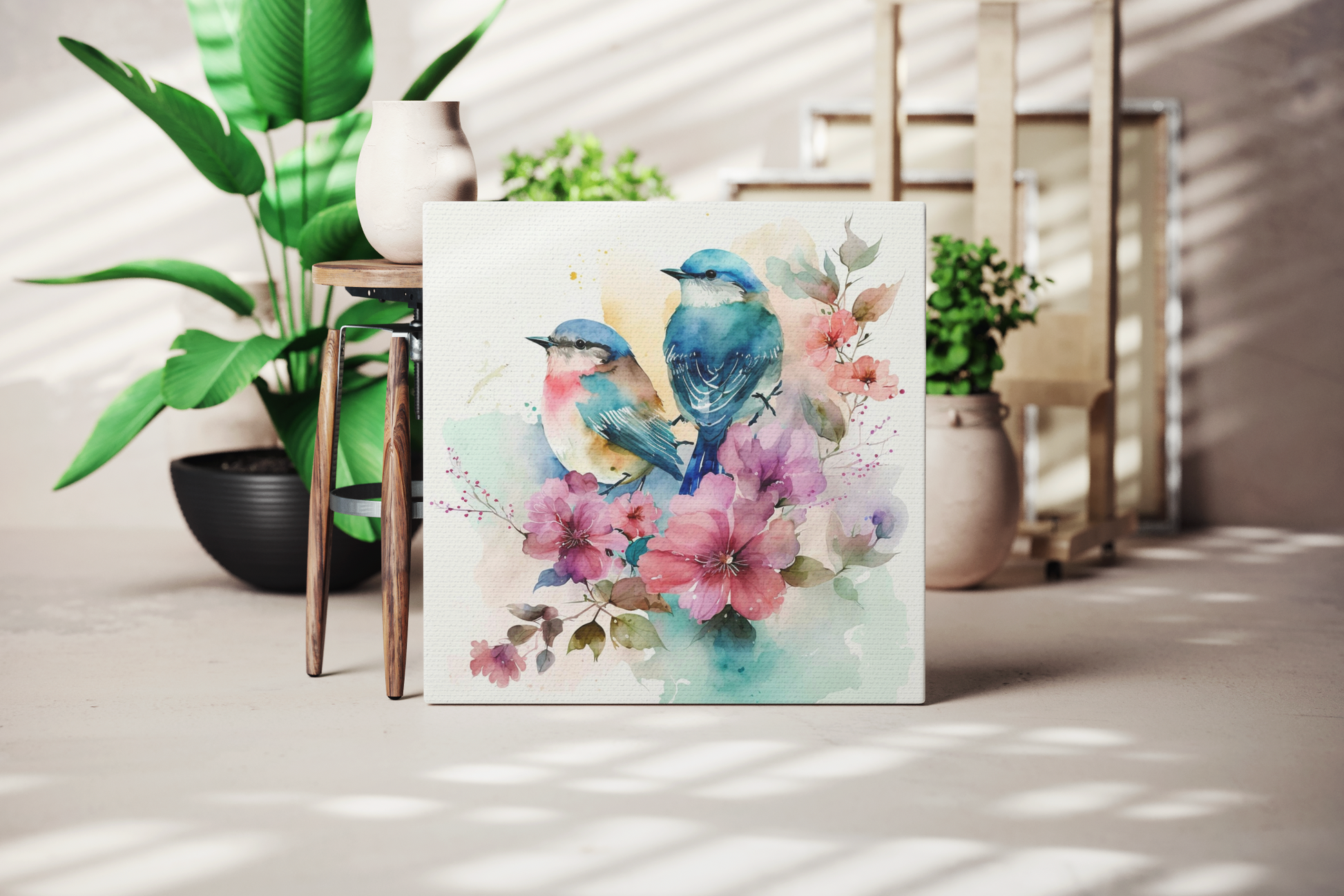 floral bird canvas wall art print, canvas with watercolor birds and flowers on it