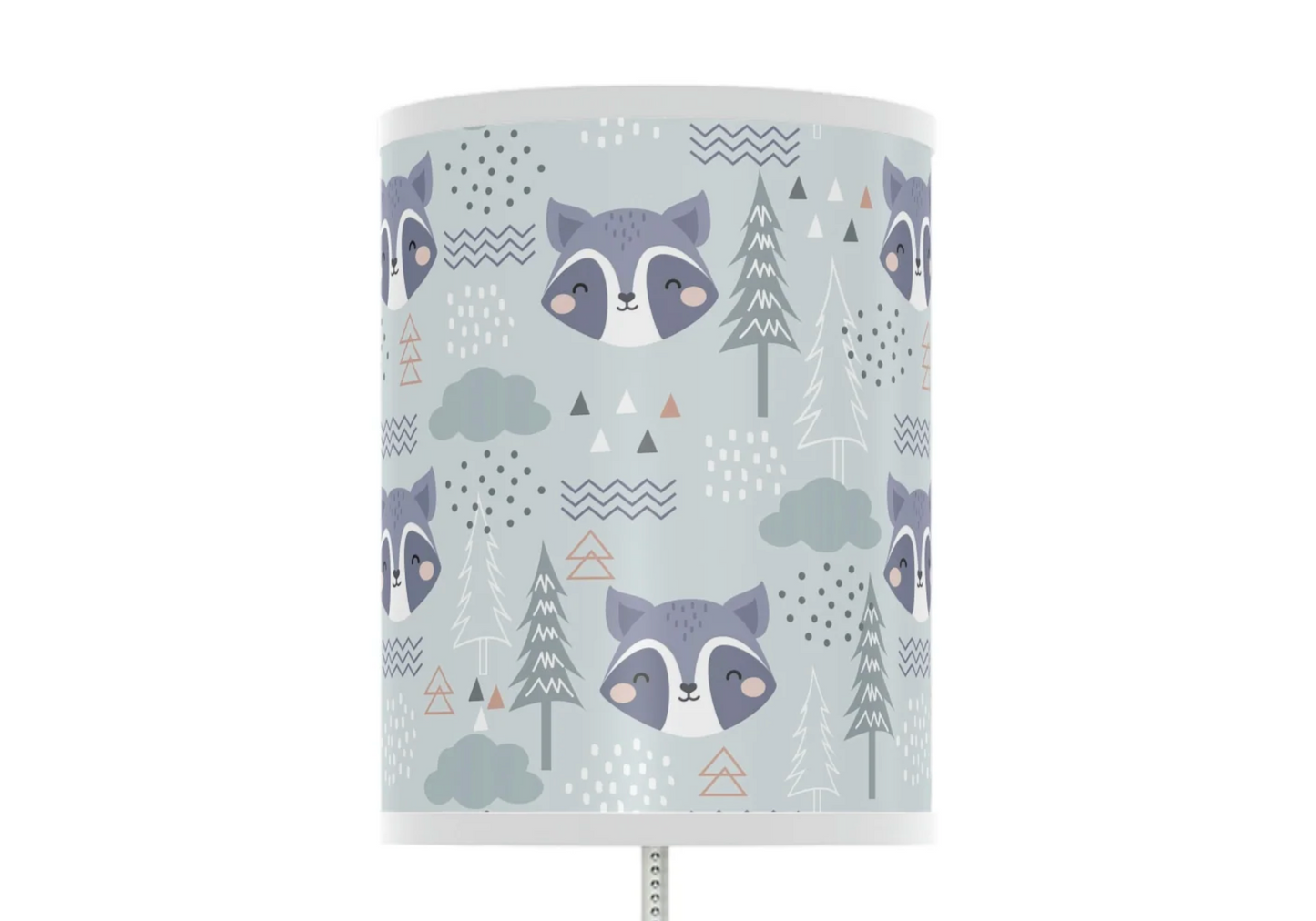 blue woodland raccoon nursery table lamp, green woodland raccoon baby nursery lamp 