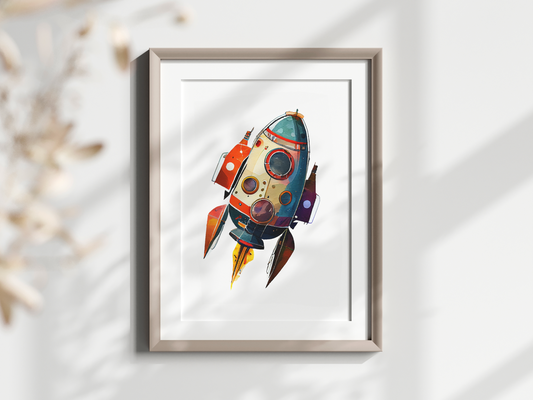 blue and orange rocket ship poster wall art, space theme poster for kids room