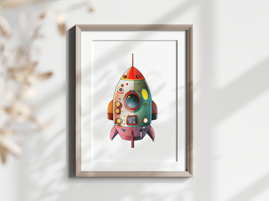 rocket ship poster wall art for kids room, space theme poster 