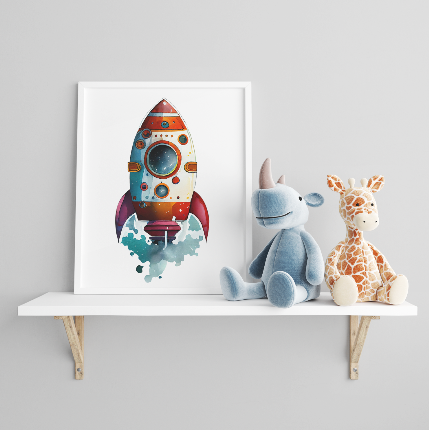 red rocket ship poster wall art, space theme poster for kids room