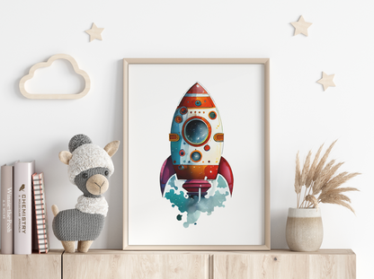 red rocket ship poster wall art, space theme poster for kids room