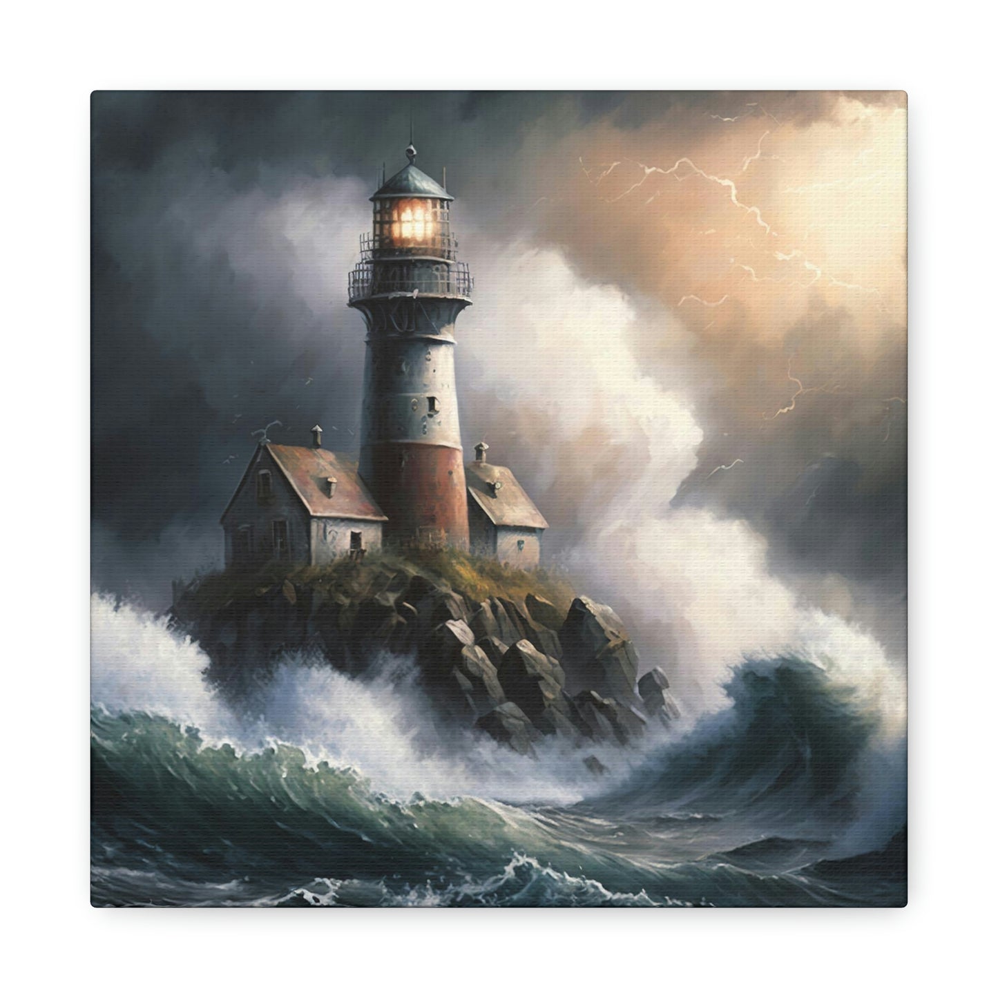lighthouse watercolor painting hanging on a wall in a nautical theme room, lighthouse on canvas with stormy seas decorating a coastal theme room