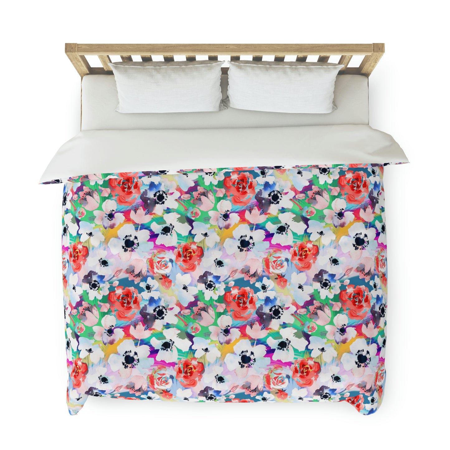 Bold Multicolor Floral Pattern Duvet lying on a bed, microfiber floral duvet cover bedroom accent