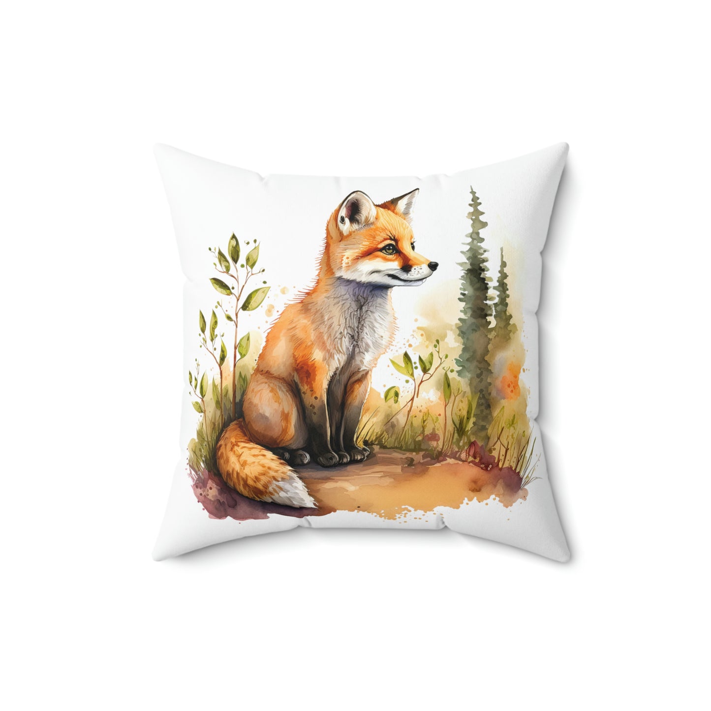orange fox watercolor design on a square accent throw pillow, watercolor fox design on a throw pillow sitting on a couch, fox couch pillow accent for your living room decor
